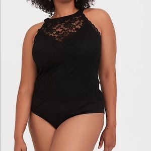 Black lace halter neck one piece from Torrid